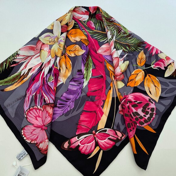 Salvatore Ferragamo Scarf Butterfly Flowers Black Multicolor Silk Wrap - Picture 16 of 16